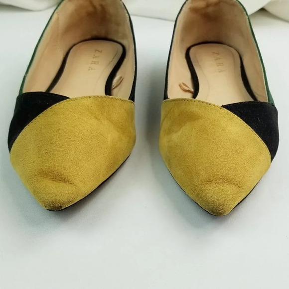 Zara Trafaluc Sz 37 (US 7-7.5) Dijon Yellow Black Green Suede Pointed Toe Flats - Picture 4 of 12